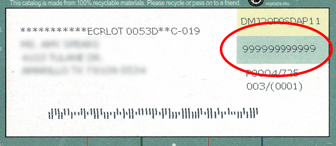 Mailing ID number on the back of a gift catalog.