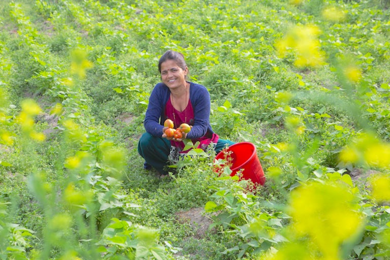 Smiling girl in red holds basket of fresh vegetables.