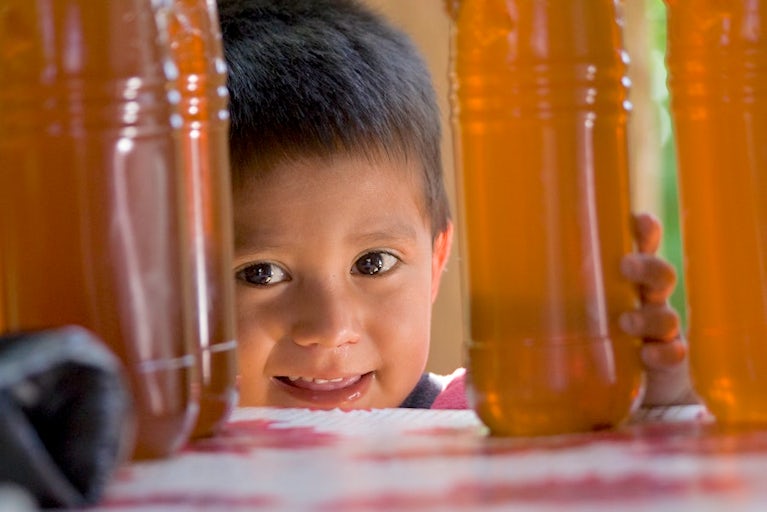 Kid looking through multiple bottles of honey sitting on a table.