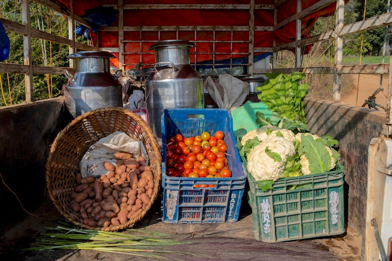 Harvested produce is loaded into an agri-transport vehicle and ready for market in Palpa, Nepal.